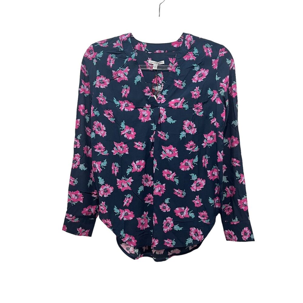 NWT Karissa & Me Blouse Women Size S Navy Blue & Pink Floral V-Neck Long Sleeve